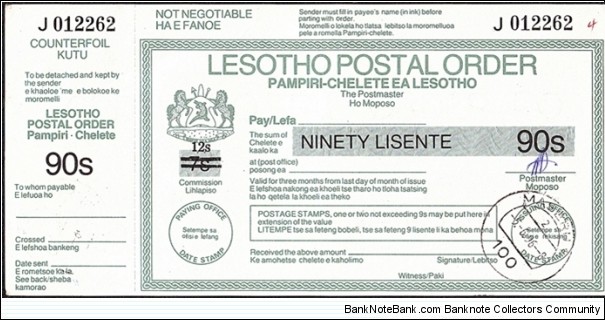 Lesotho 1996 90 Lisente postal order. Banknote