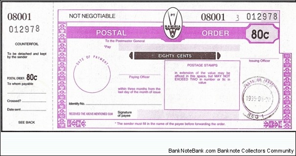 Namibia 1995 80 Cents postal order. Banknote