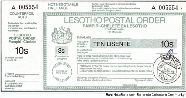 Lesotho 1987 10 Lisente postal order. Banknote