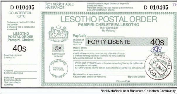 Lesotho 1990 40 Lisente postal order. Banknote