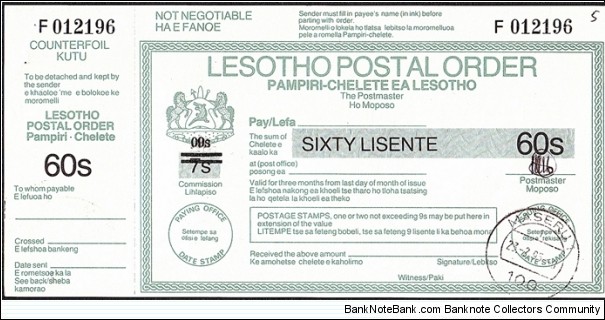 Lesotho 1995 60 Lisente postal order. Banknote