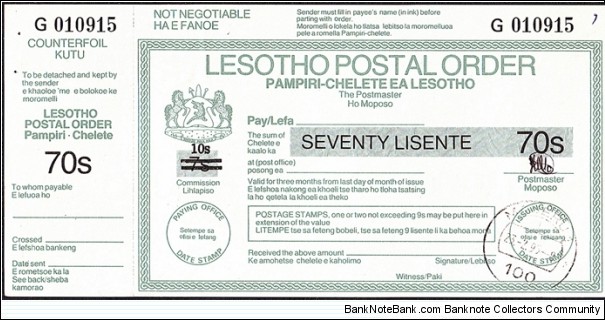Lesotho 1995 70 Lisente postal order. Banknote