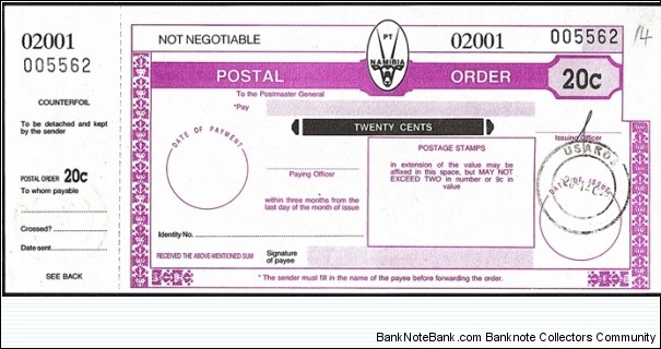 Namibia 1993 20 Cents postal order. Banknote