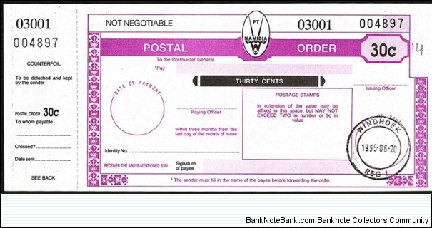 Namibia 1995 30 Cents postal order. Banknote