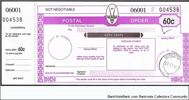 Namibia 1992 60 Cents postal order. Banknote