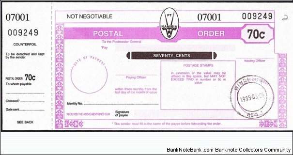 Namibia 1995 70 Cents postal order. Banknote
