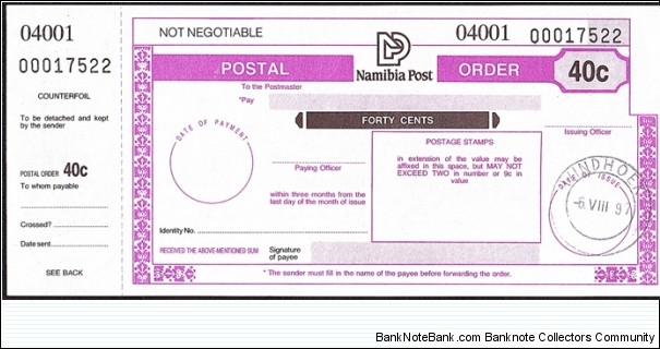 Namibia 1997 40 Cents postal order. Banknote