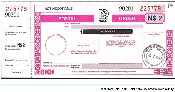 Namibia 1999 2 Dollars postal order. Banknote