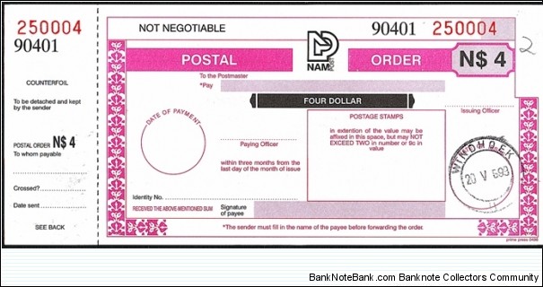 Namibia 1999 4 Dollars postal order. Banknote
