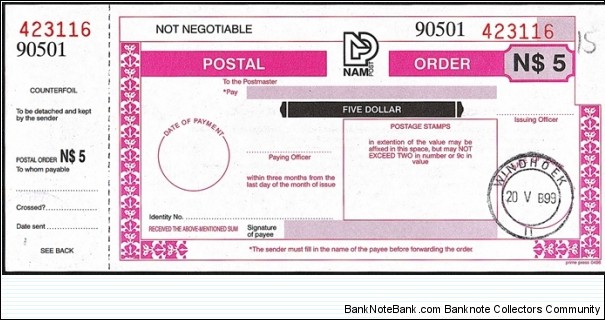 Namibia 1999 5 Dollars postal order. Banknote