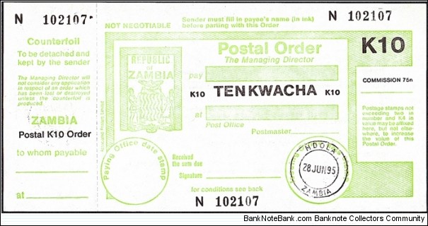 Zambia 1995 10 Kwacha postal order. Banknote