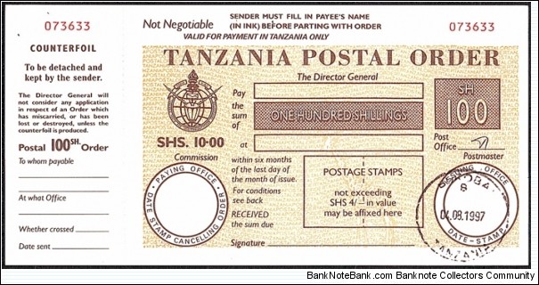 Tanganyika 1997 100 Shillings postal order. Banknote