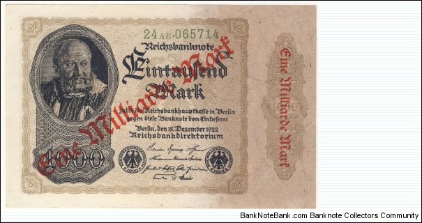 1000 Mark overprinted with 1.000.000.000 Mark value(Weimar Republic 1923) Banknote