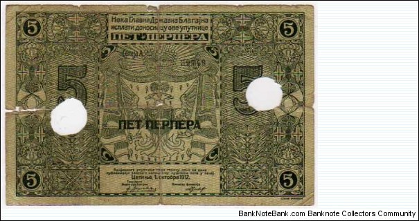5 Perpera__pk# 3 b__Cancelled Holes__o.d 01.10.1912 Banknote