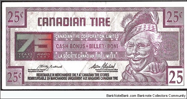 Canada 1996 25 Cents.

Canadian Tire's 'tyre money'.

75 Years of Canadian Tire (1997). Banknote