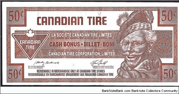 Canada 2006 50 Cents.

Canadian Tire's 'tyre money'. Banknote