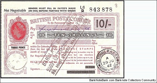 England 1962 10 Shillings postal order.

Extremely rare cashed Royal Air Force Post Office issue. Banknote