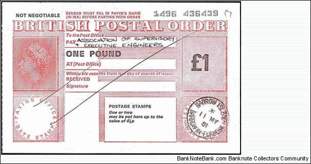 England 1981 1 Pound postal order. Banknote