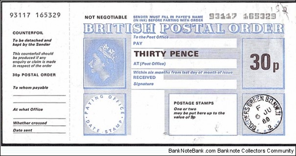 England 1988 30 Pence postal order. Banknote