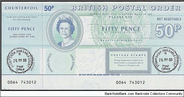 England 2000 50 Pence postal order.

Issued at Stamp Show 2000. Banknote