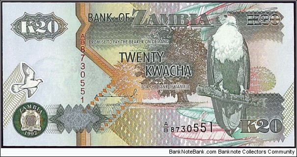 Zambia 1992 20 Kwacha. Banknote