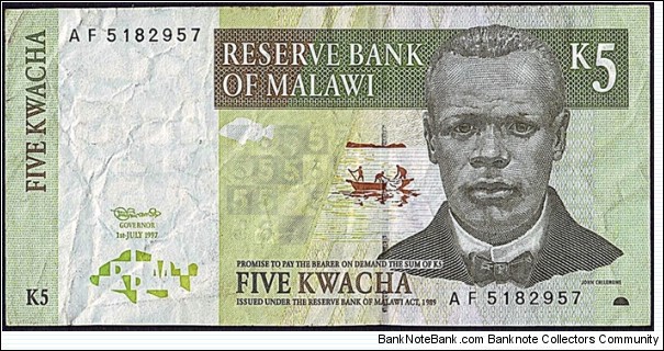 Malawi 1997 5 Kwacha.

Cut off-centre. Banknote