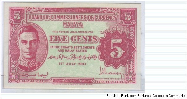 MALAYSIA / MALAYA : 5CENTS PREFIX 1 Banknote