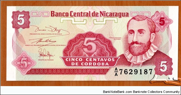 Nicaragua |
5 Centavos, 1991 |

Obverse: Francisco Hernández de Córdoba |
Reverse: National coat of arms and Plumeria flower (in Nicaragua known as Sacuanjoche) Banknote