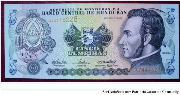 Banco Central de Honduras |
5 Lempiras |

Obverse: General José Francisco Morazán Quezada (1792-1842) and National Coat of Arms |
Reverse: Battle of Trinidad (11 Nov. 1827) led by Morazán Banknote