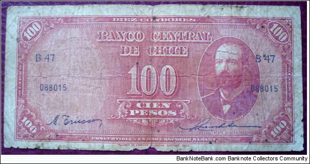 Banco Central de Chile |
100 Pesos |

Obverse: Agustín Arturo Prat Chacón (1848-1879) |
Reverse: Coat of Arms and Value |
Watermark: The Chilean statesman Diego Portales Banknote