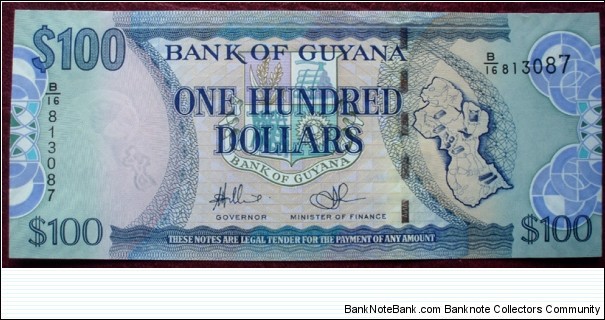 Bank of Guyana |
100 Dollars |

Obverse: Coat of Arms and Map of Guyana |
Reverse: Georgetown Cathedral |
Watermark: Head of a Macaw parrot and A map outline Banknote