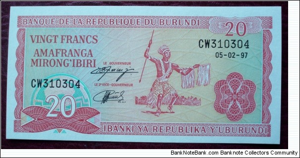 Ibanki ya Republika Y’Uburundi/Banque de la République du Burundi |
20 Francs |

Obverse: African dancer |
Reverse: National coat of arms Banknote