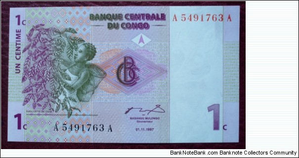 Banque Centrale du Congo |
1 Centime |

Obverse: Harvesting coffee |
Reverse: Coffea Arabica and The Nyiragongo volcano |
Watermark: Head of an Okapi Banknote