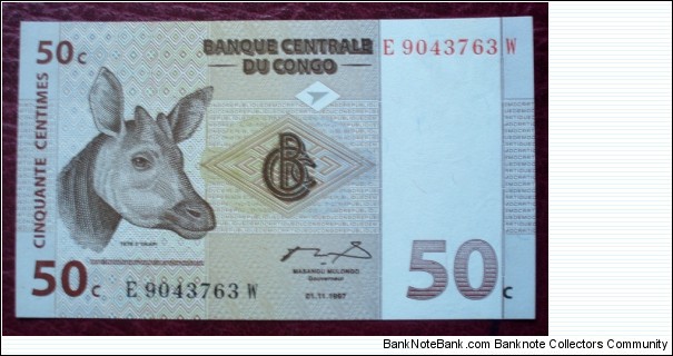 Banque Centrale du Congo |
50 Centimes |

Obverse: Head of an Okapi |
Reverse: Okapi family at Epulu Okapi Reserve |
Watermark: Head of an Okapi Banknote