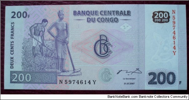 Banque Centrale du Congo |
200 Francs |

Obverse: Agriculture |
Reverse: Gong telegraphe |
Watermark: Head of an Okapi Banknote