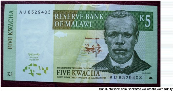 Reserve Bank of Malawi |
5 Kwacha |

Obverse: John Chilembwe (1871-1915), was an orthodox Baptist educator and an early figure in resistance to colonialism in Nyasaland |
Reverse: Food security |
Watermark: John Chilembwe Banknote