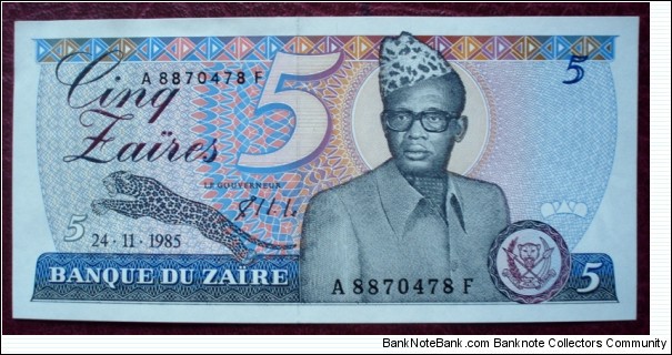 Banque du Zaïre |
5 Zaïres |

Obverse: The Zaïrean dictator Mobutu Sese Soku (1930-1997) and a Leopard |
Reverse: Building |
Watermark: Mobutu Sese Soku Banknote
