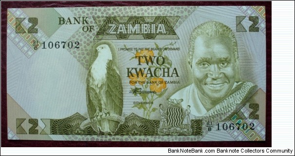 Bank of Zambia |
2 Kwacha |

Obverse: The first president of Zambia; Kenneth David Kaunda, African Fish Eagle (the national bird of Zambia), Flowers and Coat of arms |
Reverse: Teacher with student and A school building |
Watermark: Profile portrait of Kenneth Kaunda Banknote