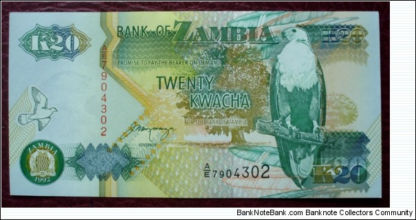 Bank of Zambia |
20 Kwacha |

Obverse: African Fish Eagle and Coat of Arms |
Reverse: Head of a Blackbuck Antelope and Freedom Statue 