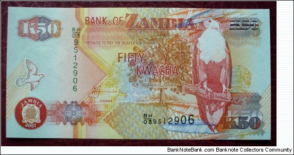 Bank of Zambia |
50 Kwacha |

Obverse: Sausage tree and African Fish Eagle and Coat of Arms |
Reverse: Head of a zebra, Copper refining at Nkana Mine and Freedom Statue 