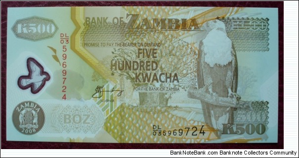 Bank of Zambia |
500 Kwacha |

Obverse: Baobab tree and African Fish Eagle and Coat of Arms |
Reverse: African elephant, Cotton picking and Freedom Statue 