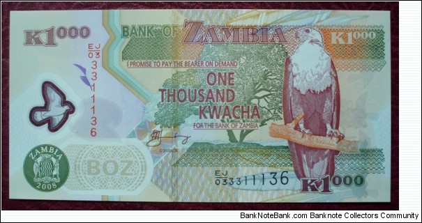 Bank of Zambia |
1,000 Kwacha |

Obverse: Jacaranda tree and African Fish Eagle and Coat of Arms |
Reverse: Aardvark, Sorghum farming and Freedom Statue 