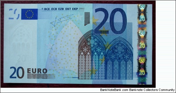 European Central Bank |
20 Euros |

Obverse: Gothic architecture: Arch gate |
Reverse: Gothic architecture: Bridge with arches and Map of Europe |
Watermark: Gothic window gate and the no. 20 Banknote