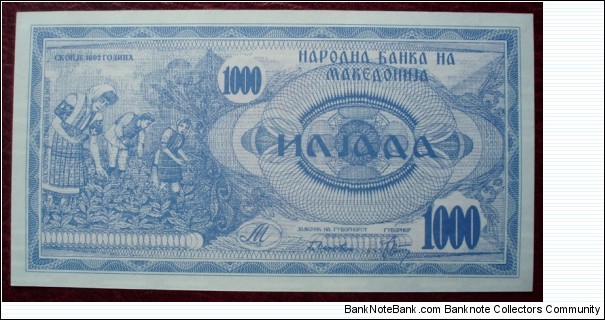 Narodna Banka na Makedonija |
1,000 Denari |

Obverse: Farmers harvesting |
Reverse: Ilinden monument in Kruševo Banknote