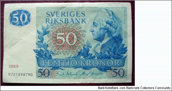 Sveriges Riksbank |
50 Kronor |

Obverse: King Gustav III (1746-1792) |
Reverse: Carl von Linné (1707-1778) |
Watermark: Portrait of Anna Maria Lenngren Banknote