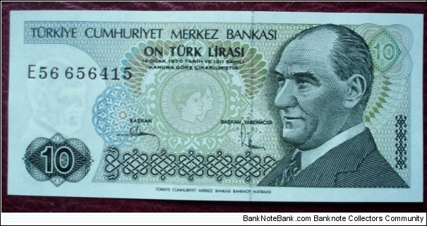 Türkiye Cumhuriyet Merkez Bankası |
10 Lirası |

Obverse: President Mustafa Kemal Atatürk |
Reverse: Atatürk with school children |
Watermark: Kemal Atatürk Banknote