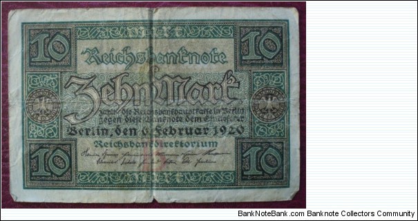 Reichsbank |
10 Papiermark |

Obverse: National Coat of Arms |
Reverse: Denomination Banknote