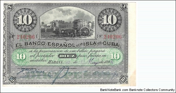 10 Pesos(Handwritten date and month, handstamped signature 1896) Banknote