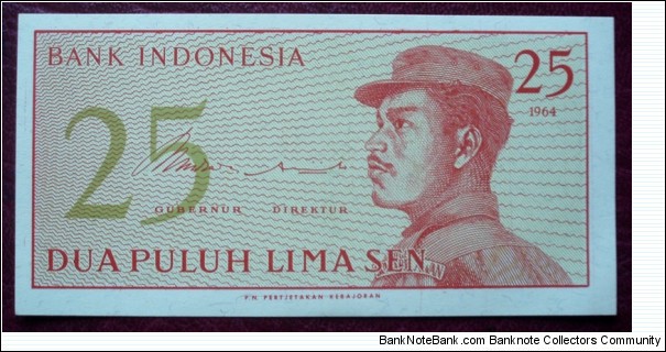 Bank Indonesia |
25 Sen |

Obverse: Male volunteer in uniform |
Reverse: Value Banknote