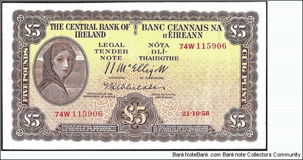 Ireland 1958 5 Pounds. Banknote